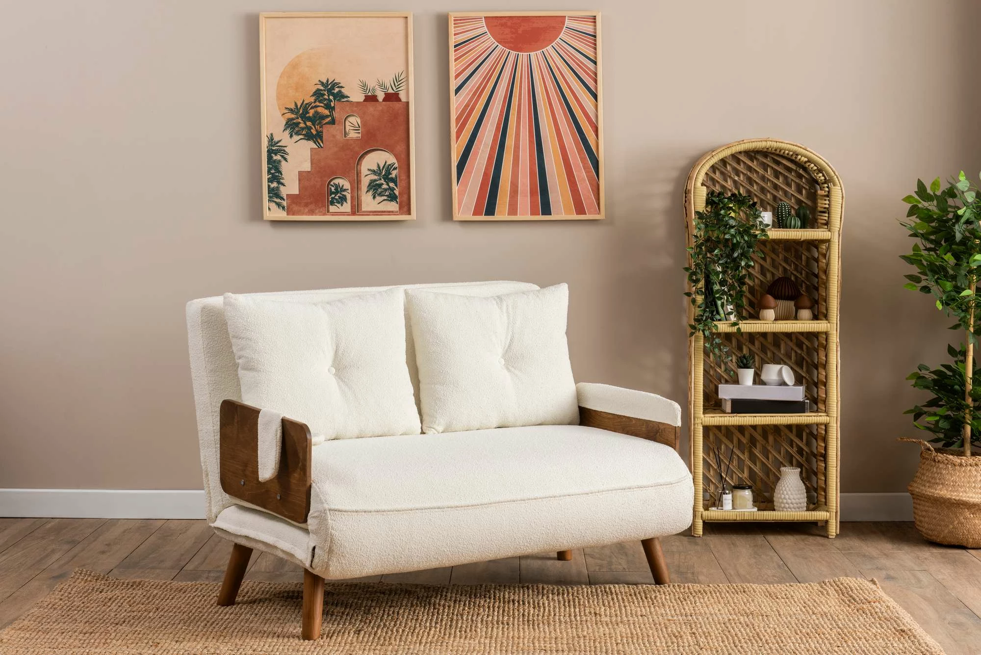 Divan 2-ulësesh, shndërrohet në shtrat, Cosmo, teddy i bardhë