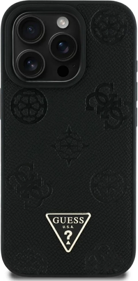 Mbështjellës Guess Grained Hot Stamp Peony Triangle Logo MagSafe për iPhone 16 Pro Max, i zi