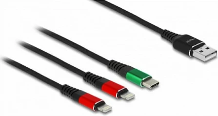 Kablë karikimi DeLOCK 3-në-1 USB-A në 2x Lightning dhe USB-C, 1 m, USB 2.0, 3A, e zezë/jeshile/kuqe