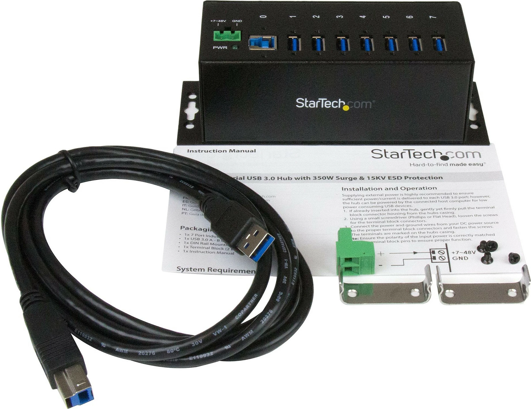 Hub USB industrial StarTech ST7300USBME, 7-Port USB 3.2 Gen 1 5Gbps, montim DIN/Wall/Desk, i zi