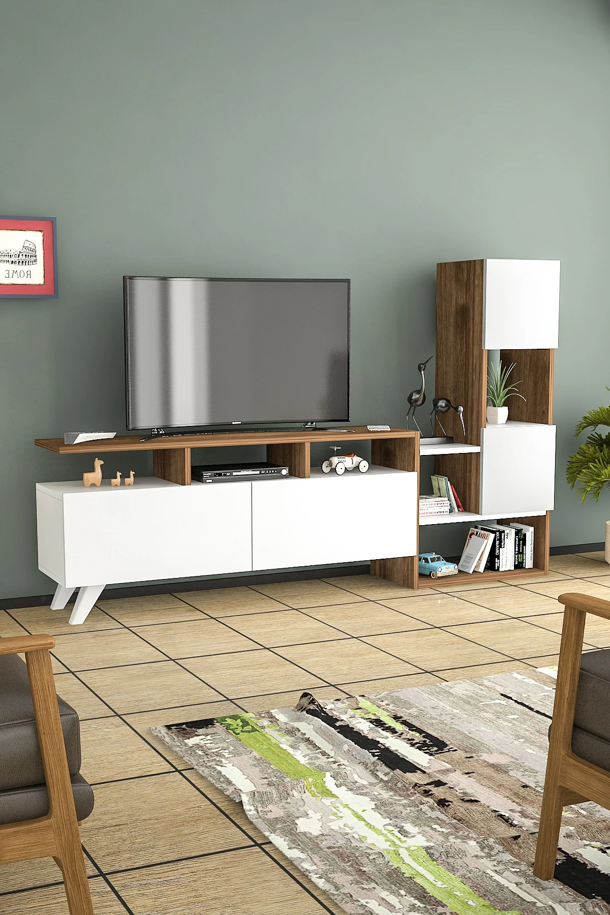 Komodë TV Hanah Home, Tower, e bardhë dhe arre