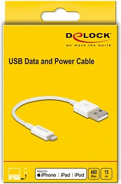 Kabllo USB DeLOCK USB-A në Lightning, 0.15 m, USB 2.0, e bardhë