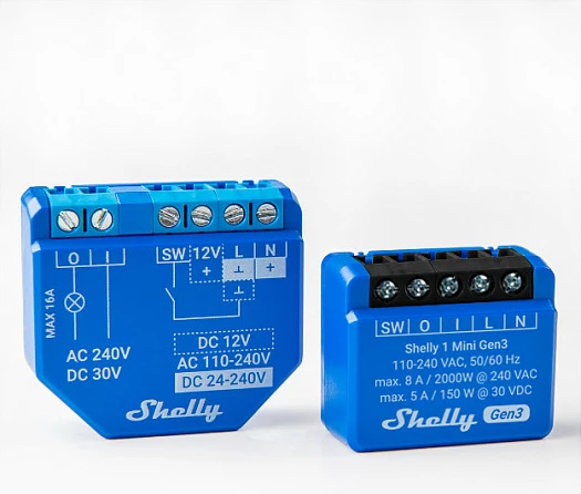 Smart switch Shelly 1 Mini Gen3, 1P, Wireless, 20 dBmW, 30 m, Blu