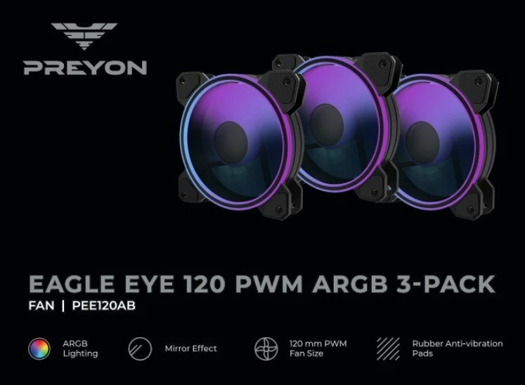 Ventilator kasë PREYON Eagle Eye 120mm PWM ARGB, set 3 copë, zi
