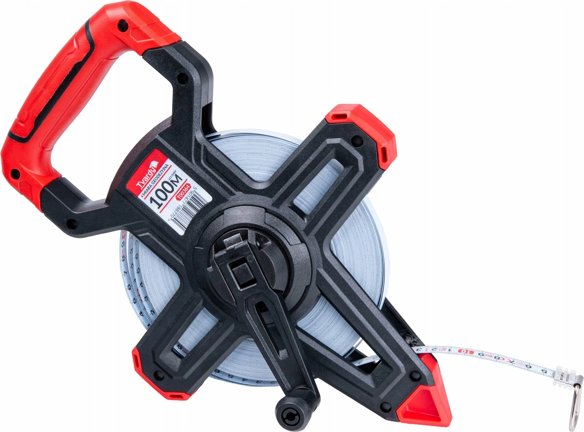 Metër shirit çeliku Tvardy T00364 100 m, 12.5 mm, cm/mm, kuqe/zezë, paketim 10 copë