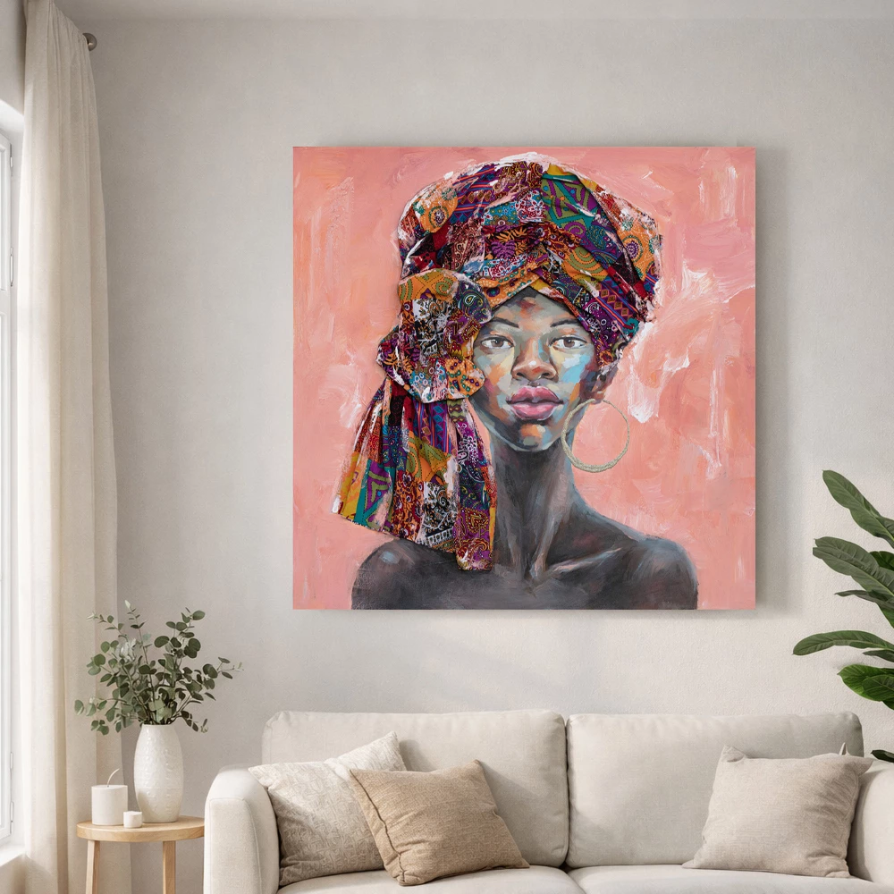 Pikturë dekorative vajze afrikane, shumëngjyrëshe, kanavacë dhe dru, 80x80x4cm