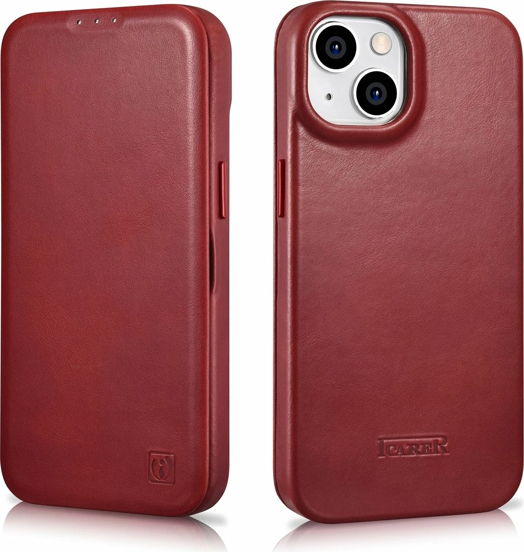 Mbështjellës iCarer Oil Wax Premium Leather Folio për iPhone 14 Plus, MagSafe, Kuq