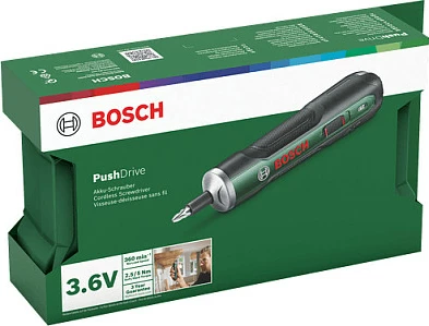 Vidator me bateri Bosch PushDrive, me kuti dhe set bitash, gjelbër/zi