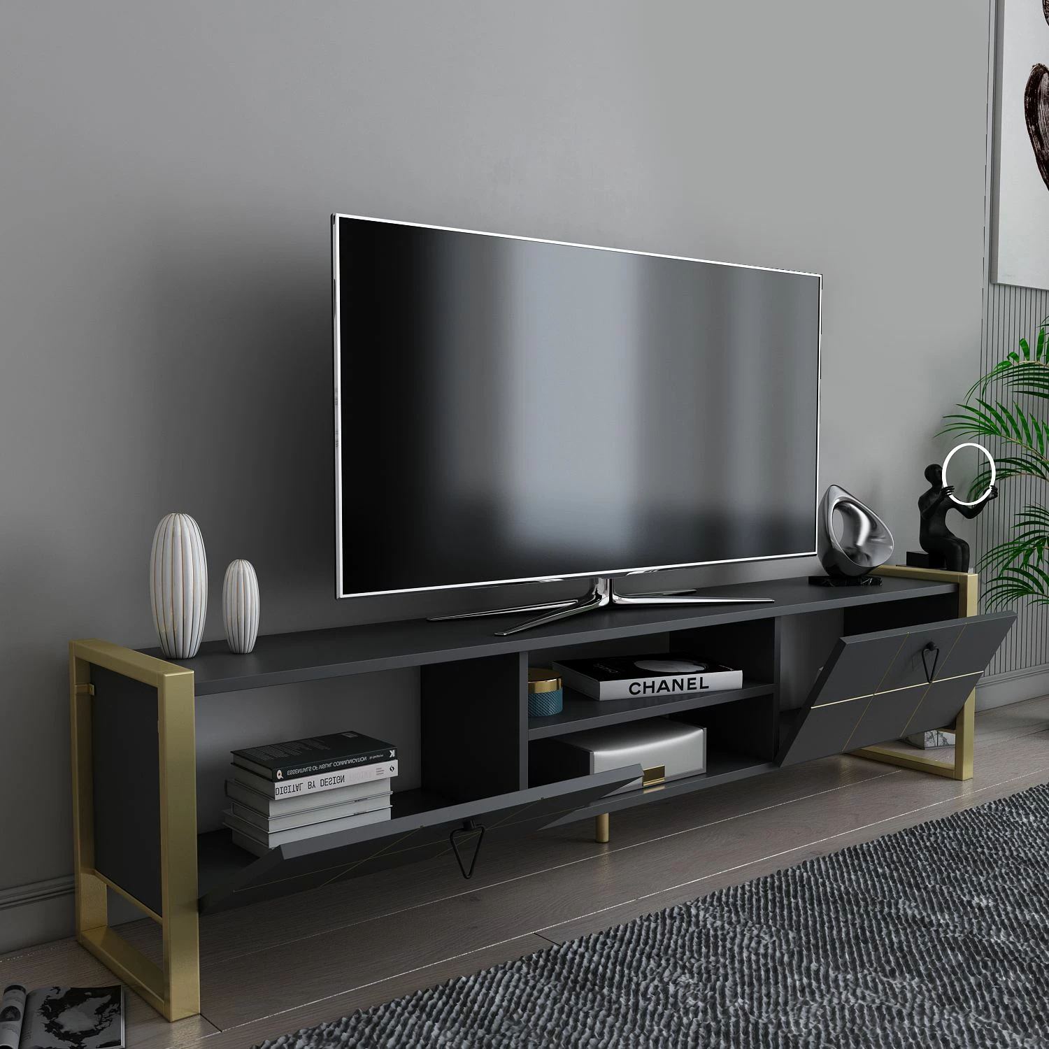 Komodë TV Skye Decor, Mila, antracit dhe ar