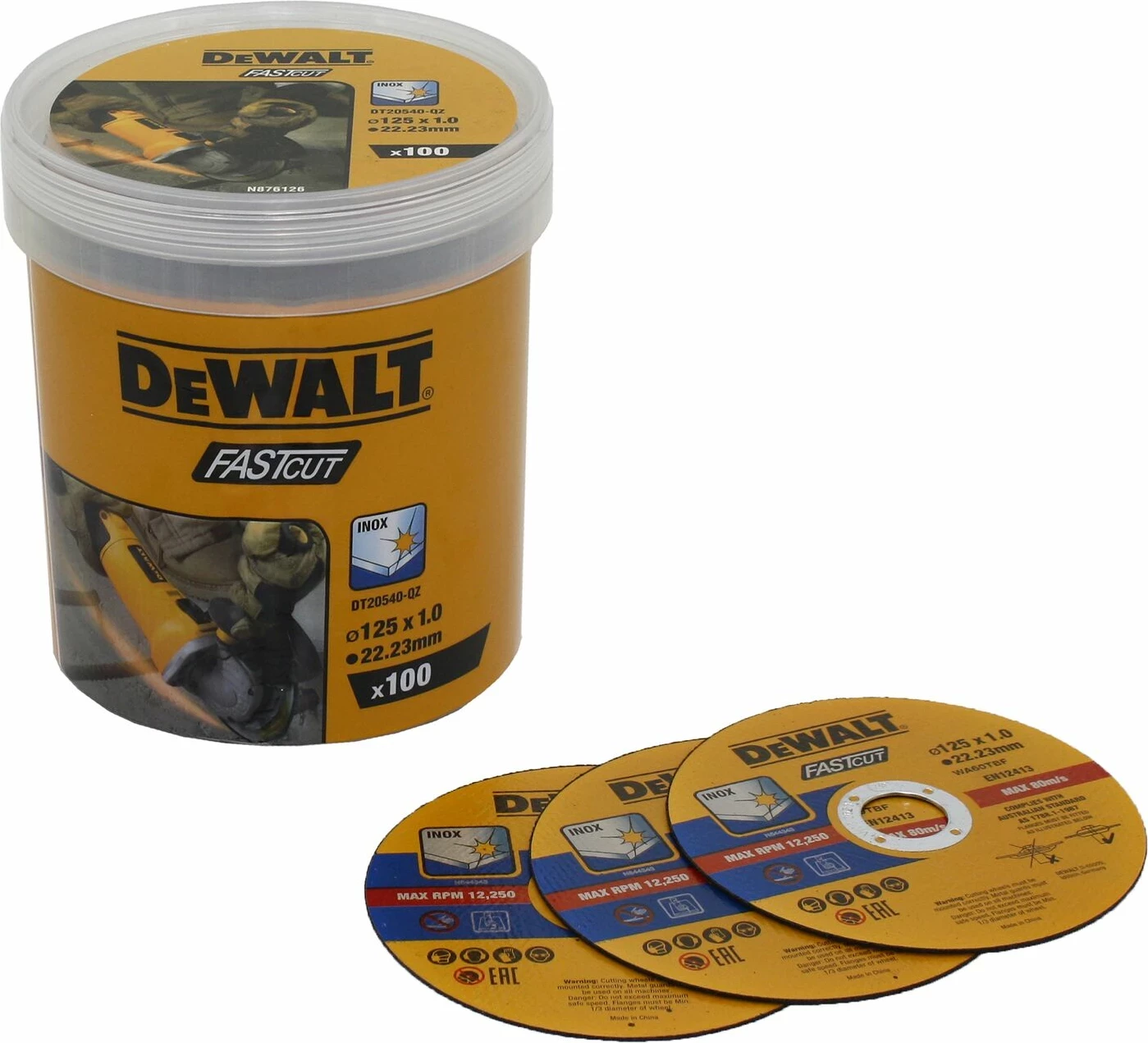 Disk prerës për inox DeWalt DT20540 125x1 mm, vrimë 22.23 mm, set 100 copë në kovë