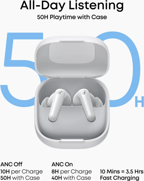 Kufje ANKER Soundcore R60i NC wireless, ANC -52 dB, Hi-Res LDAC, Bluetooth 6.1, IP55, të bardha, me kuti karikimi