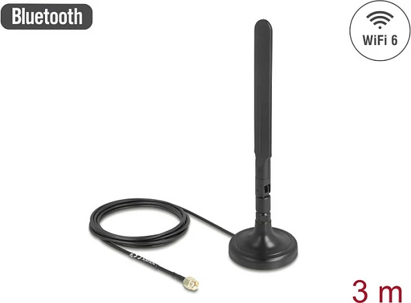 Antenë Wi‑Fi DeLOCK 10039, Wi‑Fi 6, 3 dBi, RP‑SMA, kabllo 3 m, e zezë