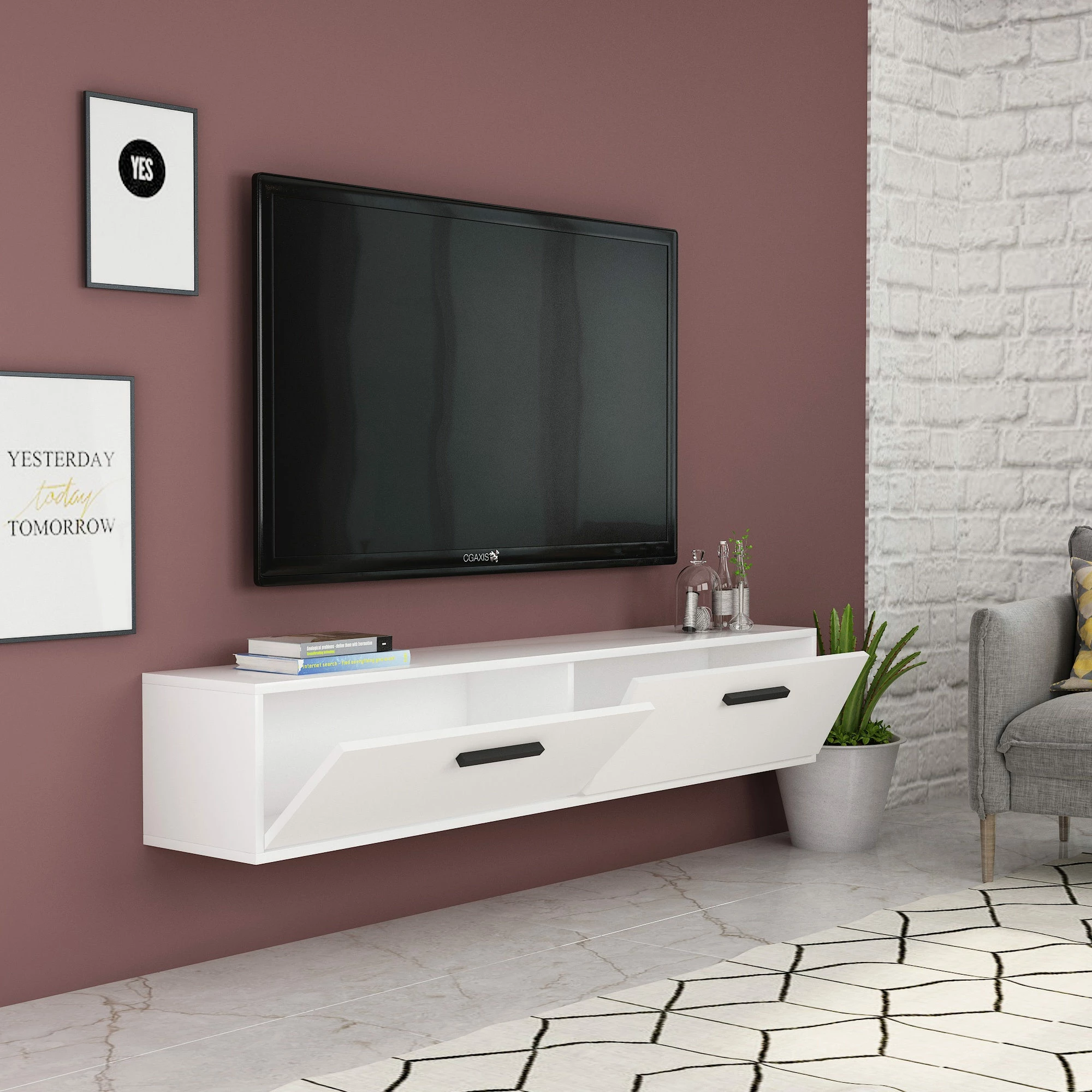 Komodë TV Skye Decor, e bardhë, Inel