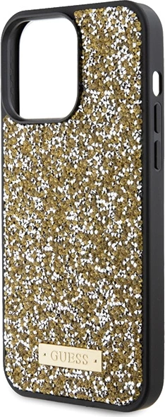 Mbështjellës Guess Rhinestone Metal Logo për iPhone 15 Pro, e verdhë