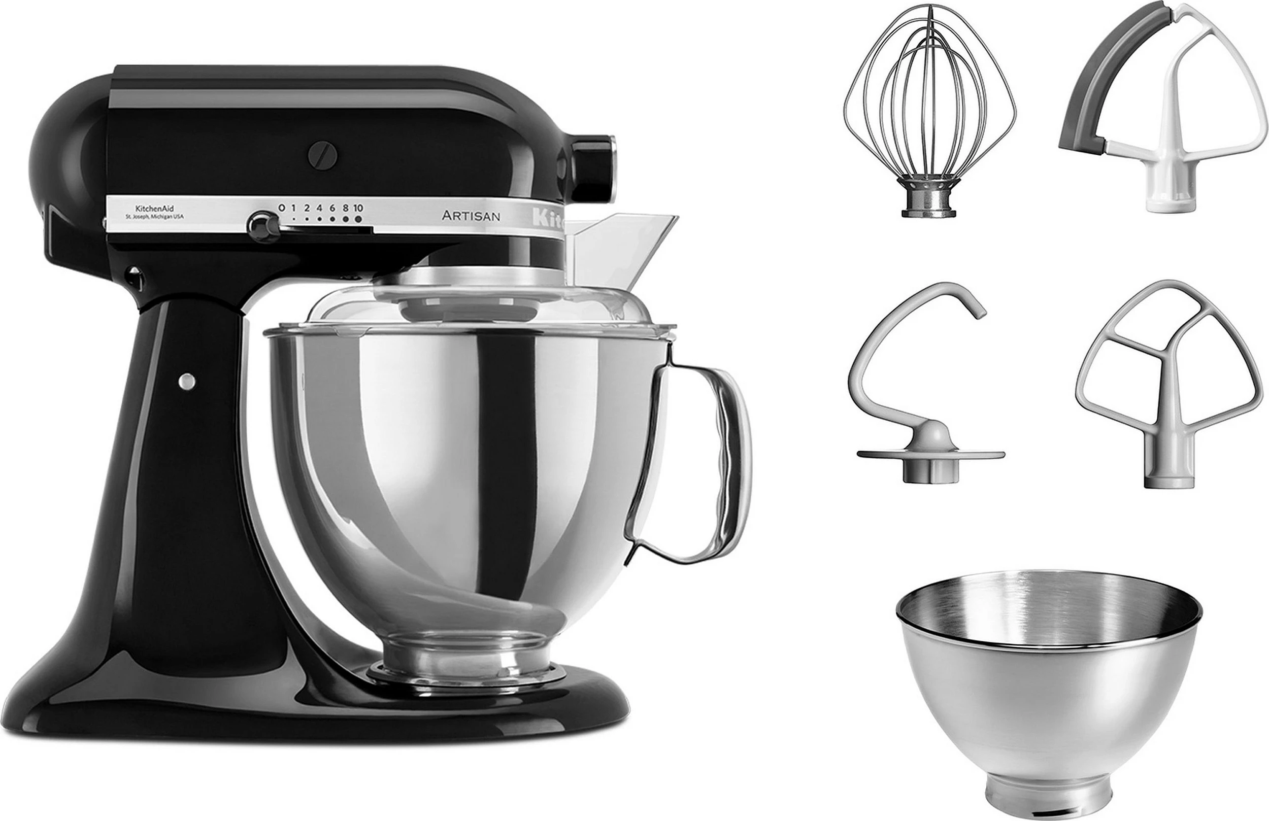 Mikser me qëndrim KitchenAid Artisan, tas inox 4.8L, 300W, 10 shpejtësi, Onyx Black