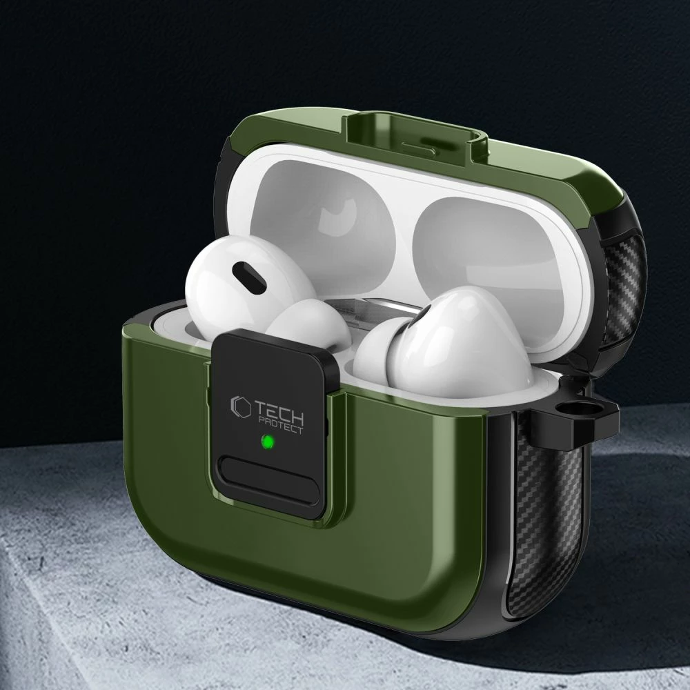 Mbështjellës Tech-Protect Defender me karabiner për AirPods Pro/Pro 2, MagSafe, Gjelbër