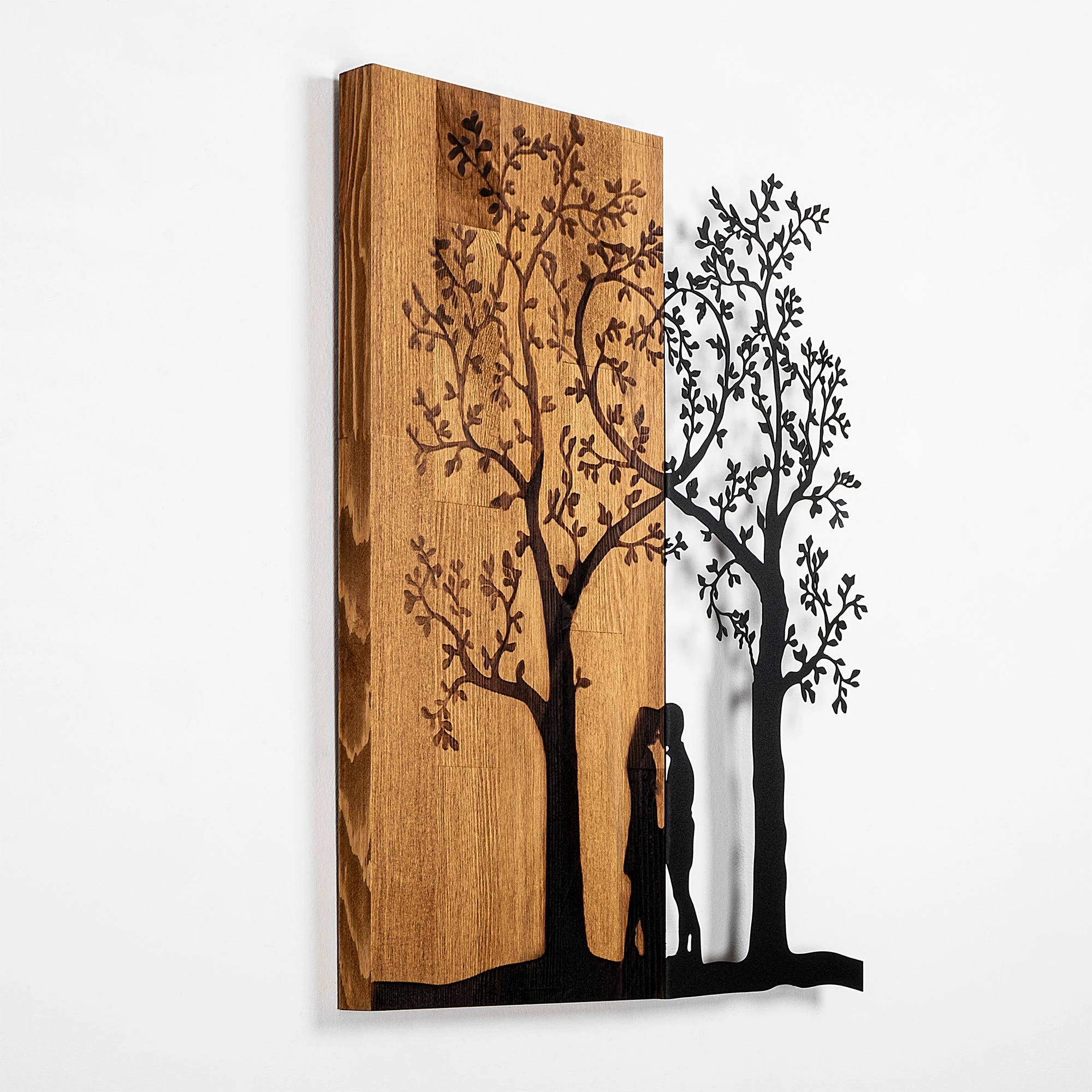 Aksesor dekorativ për mur, dru dhe metal, Love Under The Tree, ngjyrë arre dhe e zezë, 45x58cm