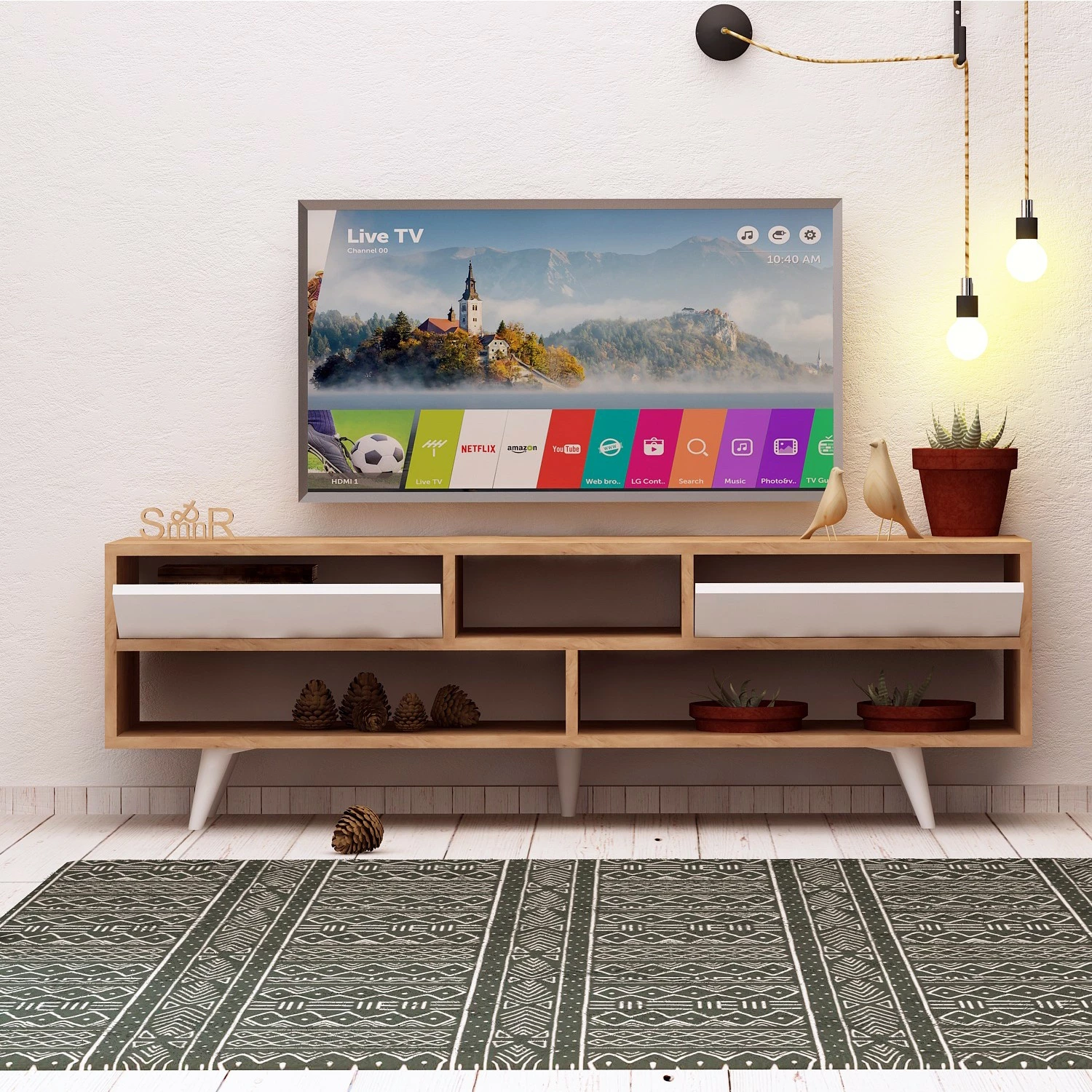 Komodë TV Hanah Home, Glasgow, ngjyrë lis dhe e bardhë