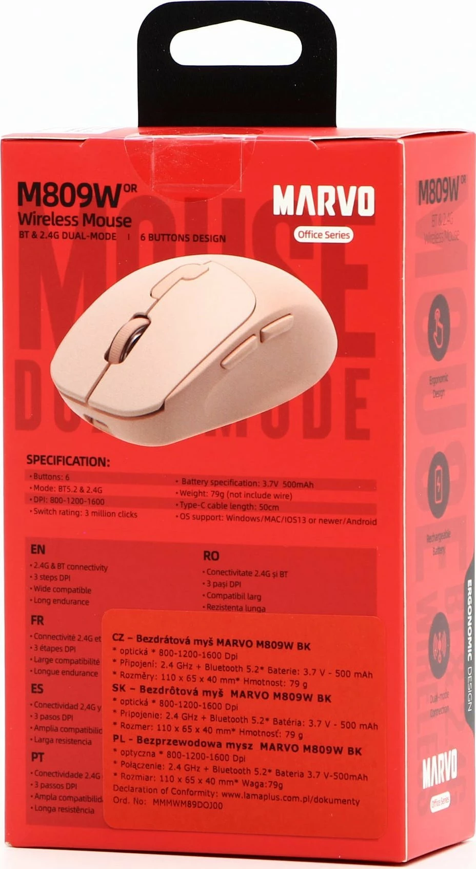 Maus wireless Marvo M809W 1600 DPI, Bluetooth/USB, bezhë