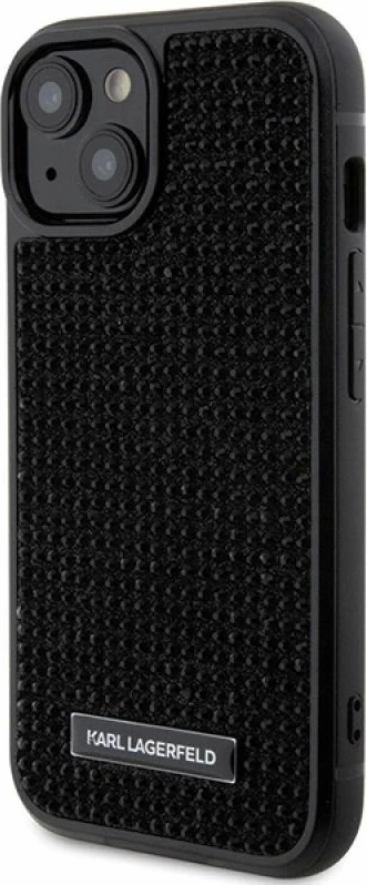 Mbrojtëse telefoni Karl Lagerfeld Rhinestone Logo Metal Plate për iPhone 15, e zezë