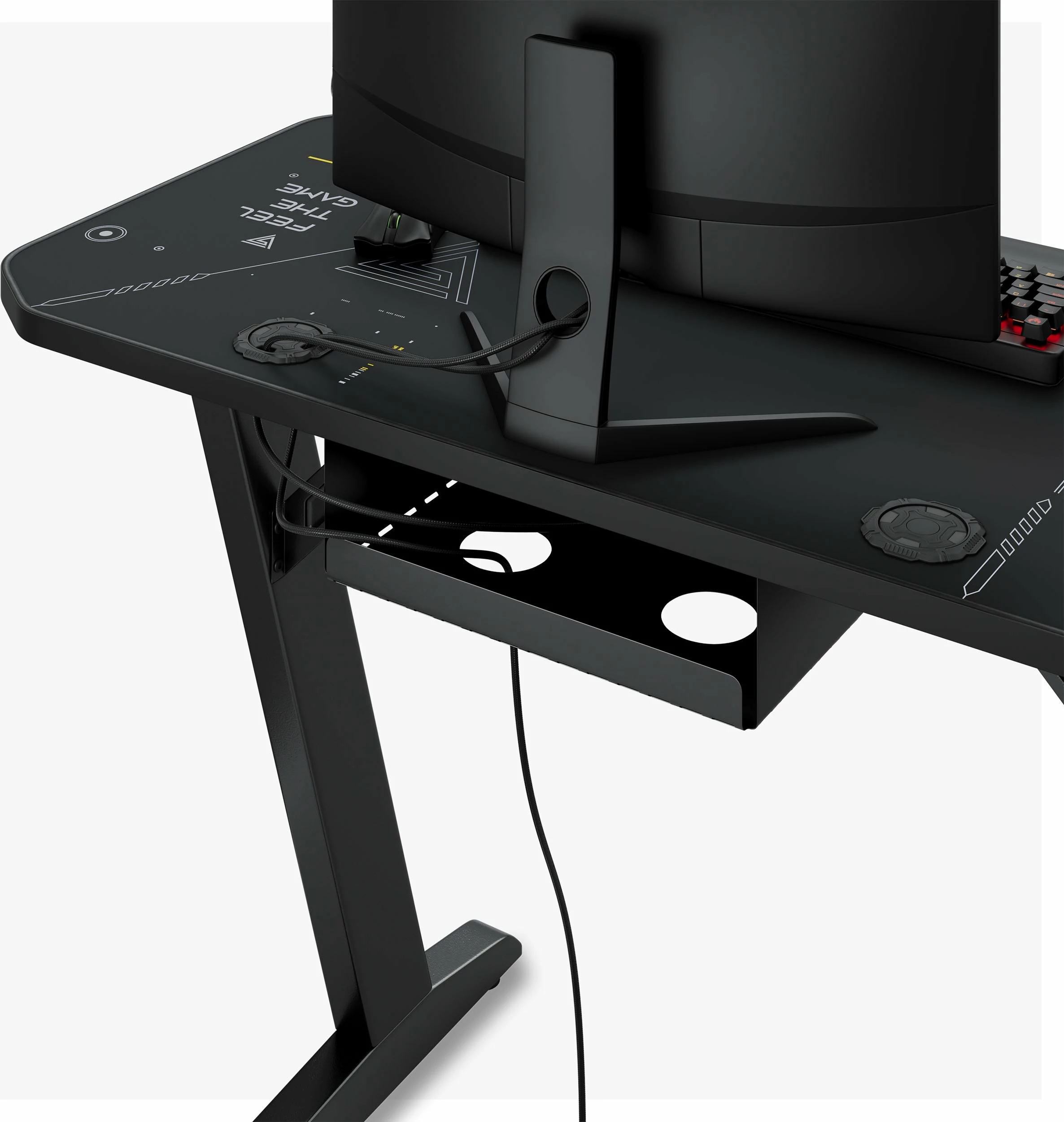 Biurko gaming SENSE7 Nomad Cybernetic 100×50 cm, me mbajtëse kufjesh/filxhani dhe menaxhim kabllosh, e zezë