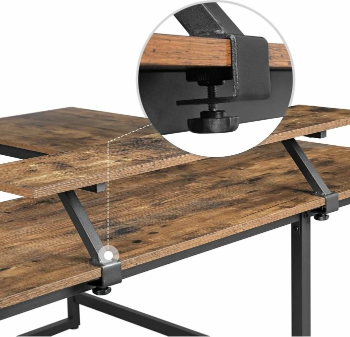 Tavolinë kompjuteri këndore L-shape VASAGLE/SONGMICS ALINRU LWD56X, 140×130 cm, me raft monitori, kafe rustike/zezë