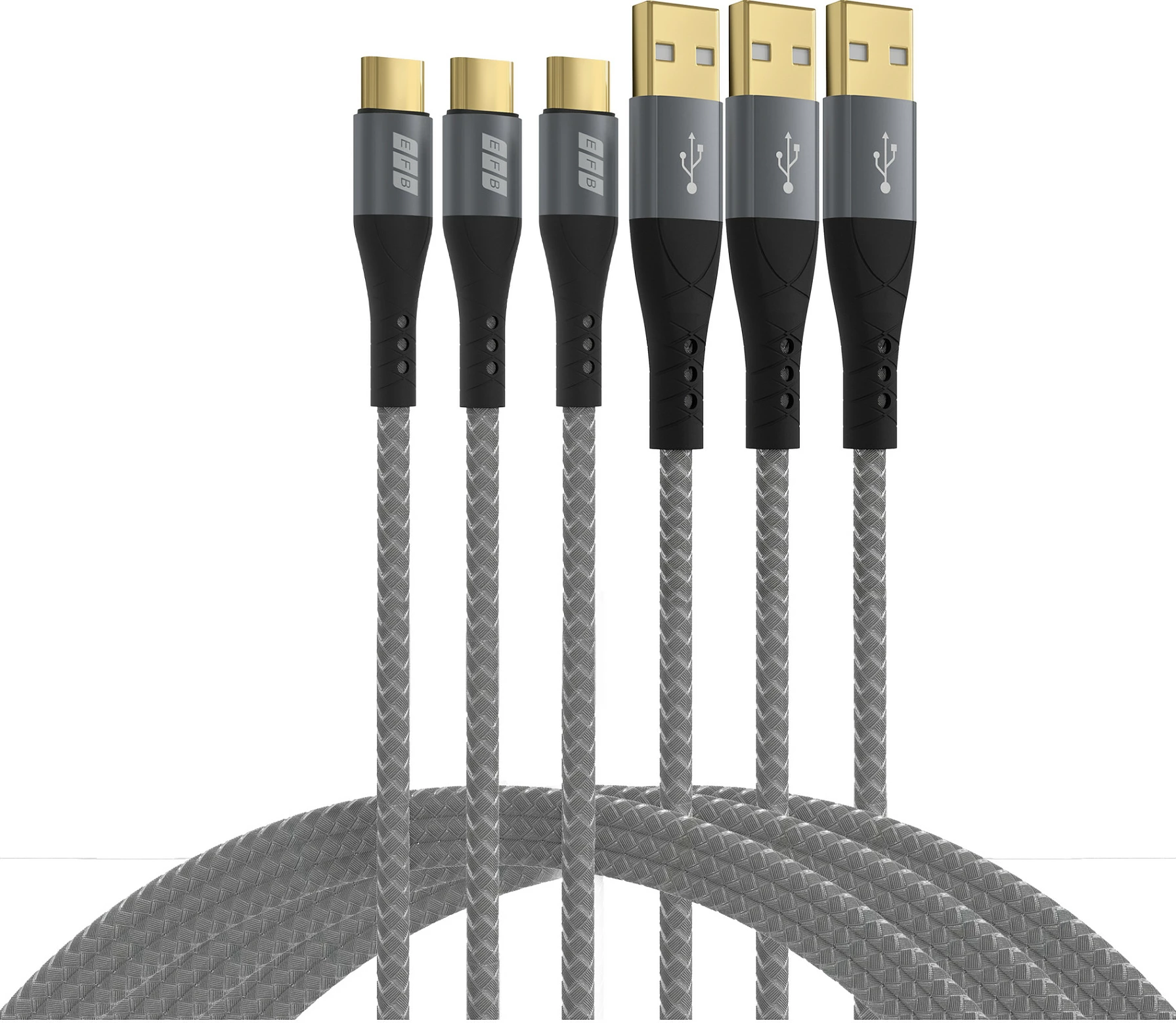 Set kabllo karikimi EFB Elektronik USB-AC-00008, USB-A në USB-C, 3x2m, USB 2.0, PD 60W, zi/gri
