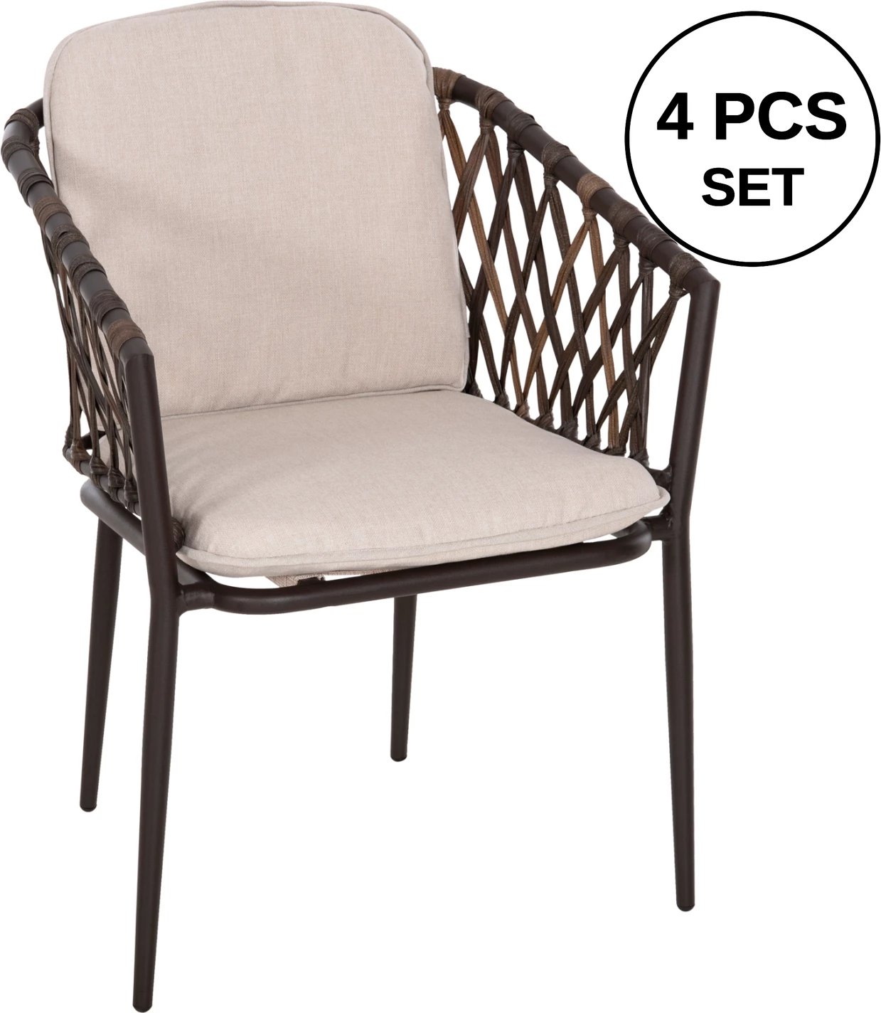 Karrige alumini BOLLY FH6080, kornizë kafe-sintetik ratan, jastëkë kafe-bezhë, 58.5x67x86H cm, set prej 4 copë