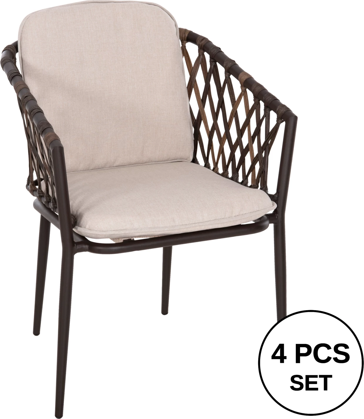 Karrige alumini BOLLY FH6080, kornizë kafe-sintetik ratan, jastëkë kafe-bezhë, 58.5x67x86H cm, set prej 4 copë