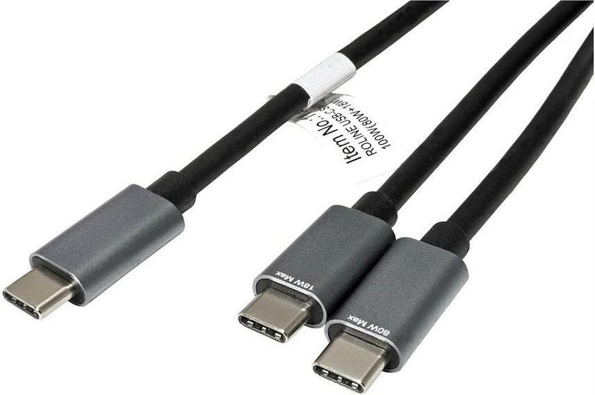 Kabllo USB-C ROLINE 11028308, 1.85 m, USB-C në 2x USB-C, USB 2.0, PD 100W, e zezë
