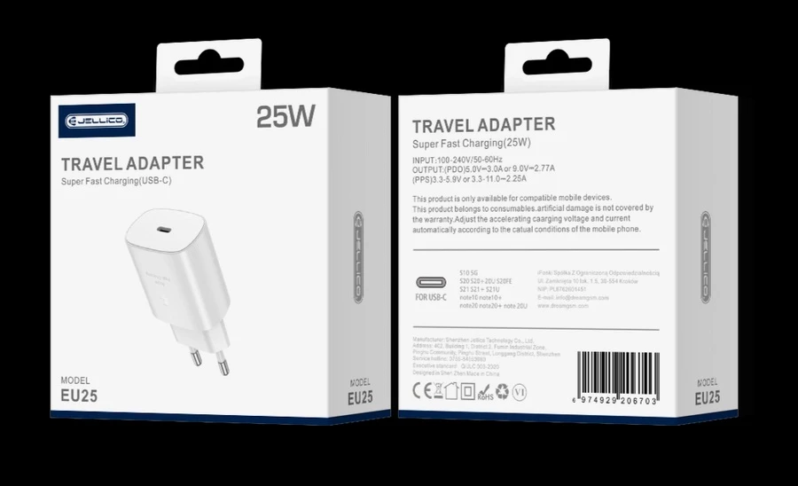 Adapter karikimi Jellico EU25 25W Type-C PD/QC 3.0, i bardhë (EU blister)