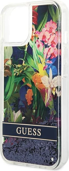 Mbështjellës Guess Flower Liquid Glitter për iPhone 14 Plus 6.7", kaltër