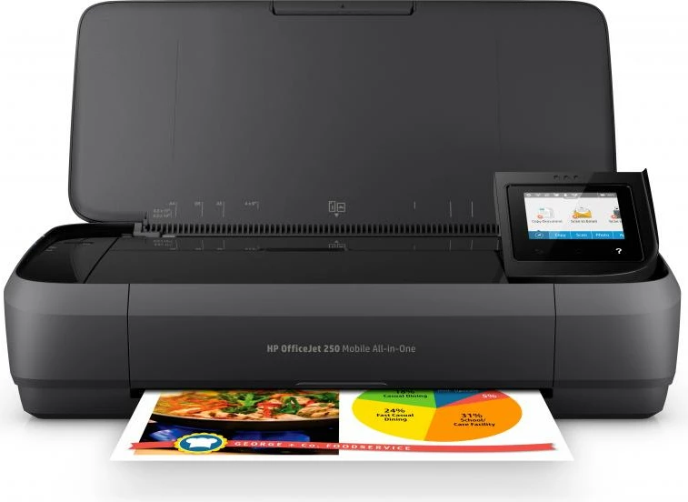 Printer multifunksional HP OfficeJet 250 Mobile CZ992A#BHC, inkjet, AIO portativ me bateri, Wi‑Fi Direct, 6.5–8 ppm