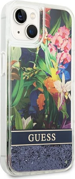 Mbështjellës Guess Flower Liquid Glitter për iPhone 14 Plus 6.7", kaltër