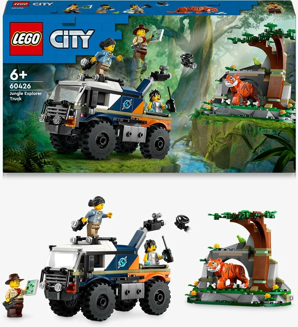 Set LEGO City 60426 Jungle Explorer Truck, lodër ndërtimi, kamion aventurier, me figurina dhe tigër