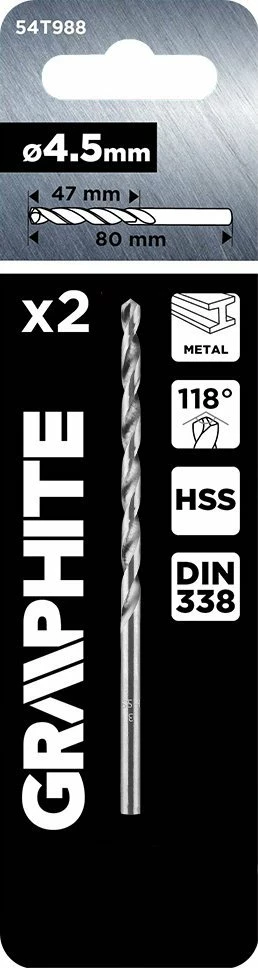 Burgji HSS për metal Graphite DIN 338 4.5 mm 80 mm, set 2 copë