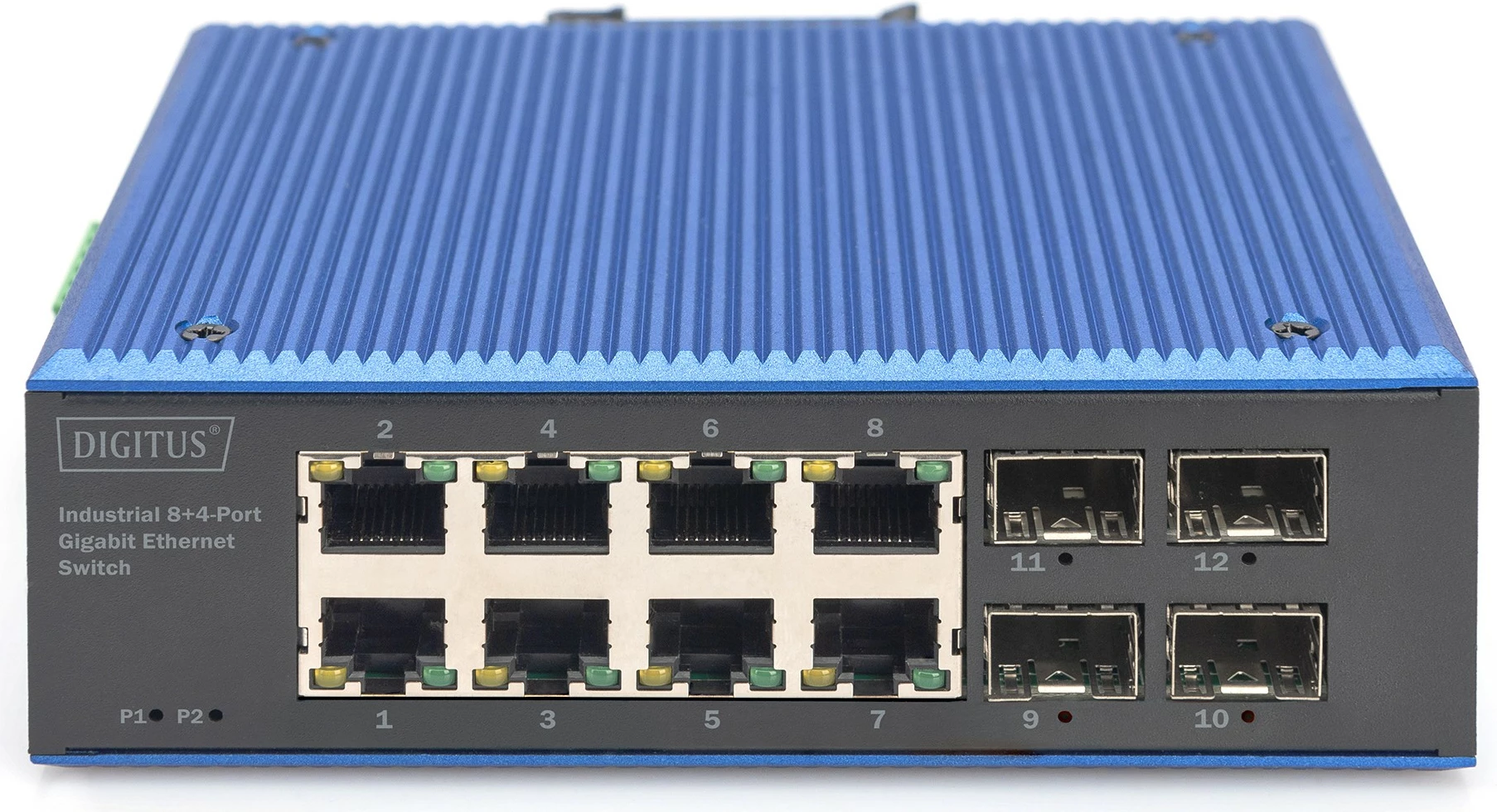 Switch industrial Digitus DN-651152, 8 porte Gigabit, 4 porte SFP, kasë metalike, IP40, blu