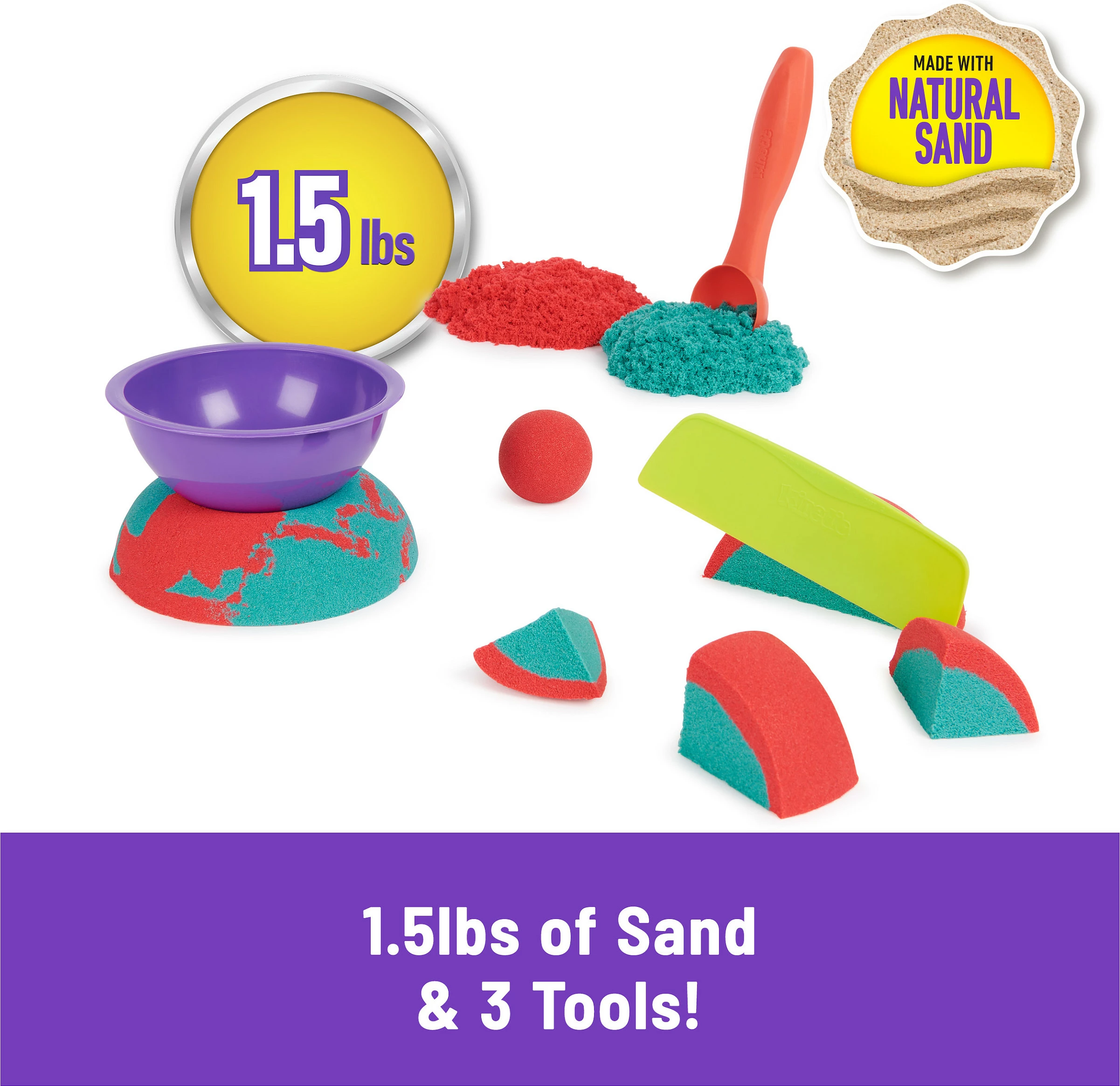 Rërë kinetike SPIN MASTER Kinetic Sand Mold n’ Flow, 1.5lb, me 3 vegla, e kuqe/teal