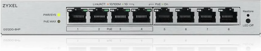 Switch i menaxhueshëm PoE Zyxel GS1200-8HPV3-EU0101F 8xGigabit 4xPoE+ pa ventilator, argjendtë