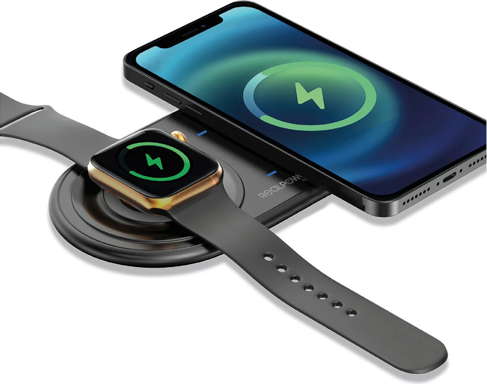 Karikues wireless RealPower ChargeAIR Duo, 15W, USB, për celular dhe smartwatch, i zi