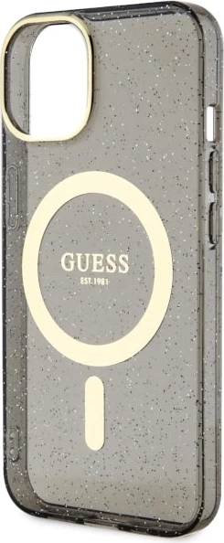 Mbështjellës Guess Glitter Gold MagSafe për iPhone 14, i zi