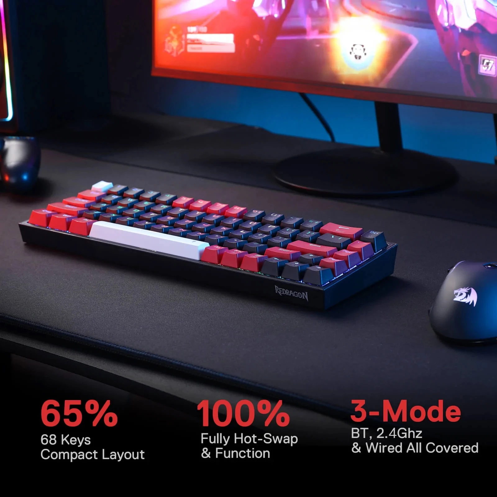 Tastierë mekanike Redragon Castor K631RGB Pro 65% (68 taste), Outemu Red, RGB, USB-C/2.4GHz/Bluetooth