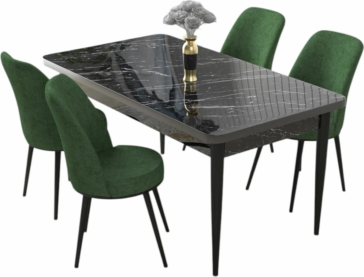 Tavolinë me karrige, 5 copë, Skye Decor, mermer i zi, karrige ngjyrë kaki