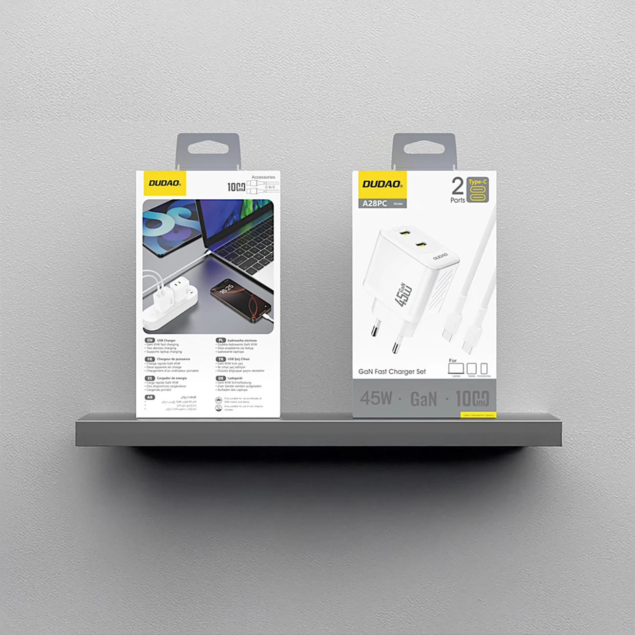 karikues muri GaN, Dudao, A28PCEU, 45W PD, 2x USB-C, me kabllo USB-C 1 m, i bardhë
