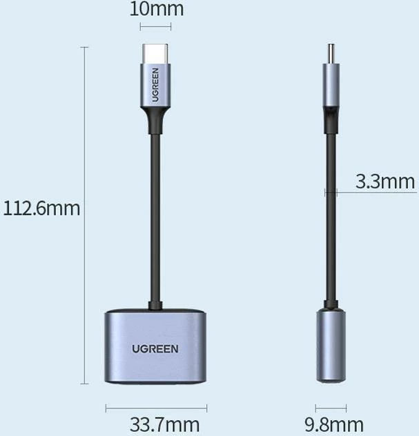 Adapter AV Ugreen CM231 USB-C në 3.5mm + USB-C, PD/QC 30W, gri