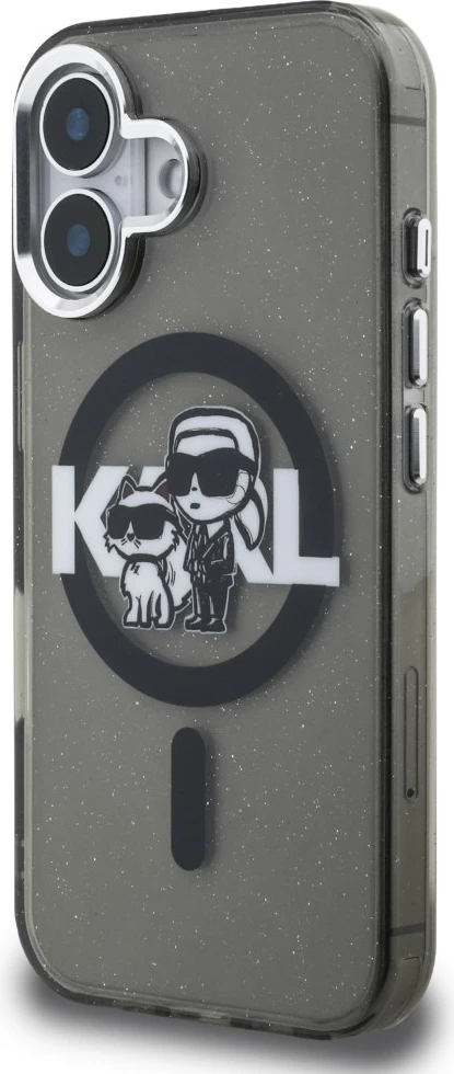 Mbështjellës MagSafe Karl Lagerfeld IML Glitter Karl & Choupette Sketch Logo për iPhone 16, i zi, në kuti
