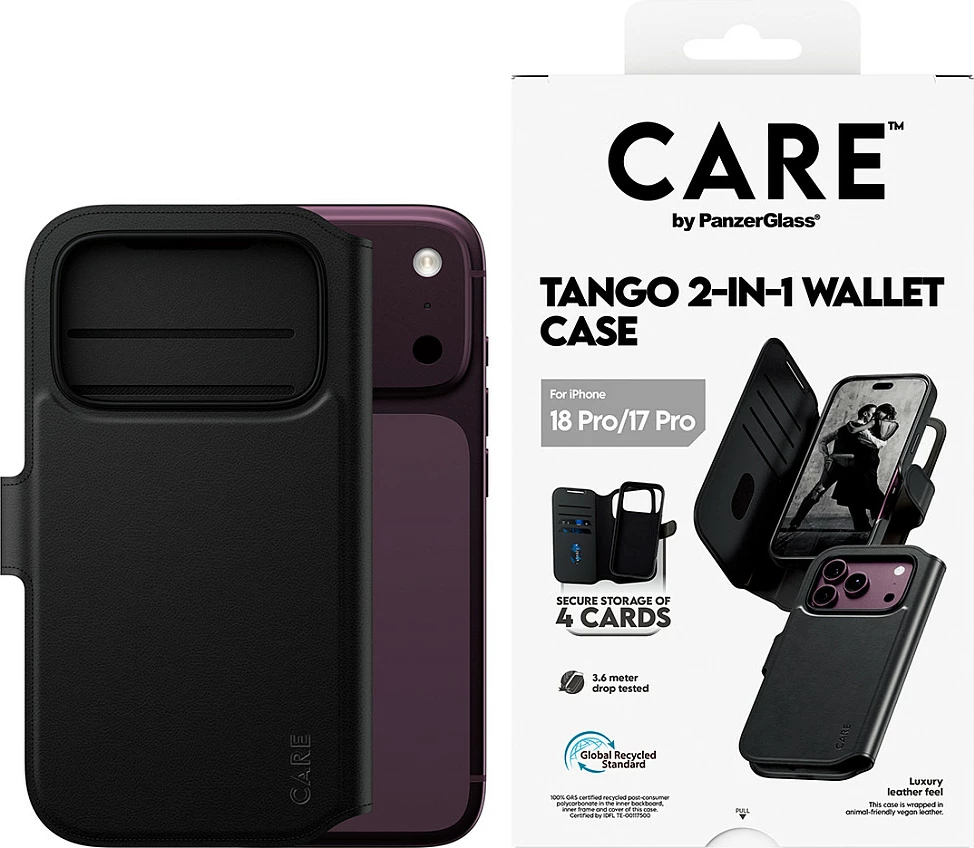 Mbështjellës me portofol PanzerGlass CARE Tango 2-in-1, MagSafe, për iPhone 18 Pro / 17 Pro, i zi