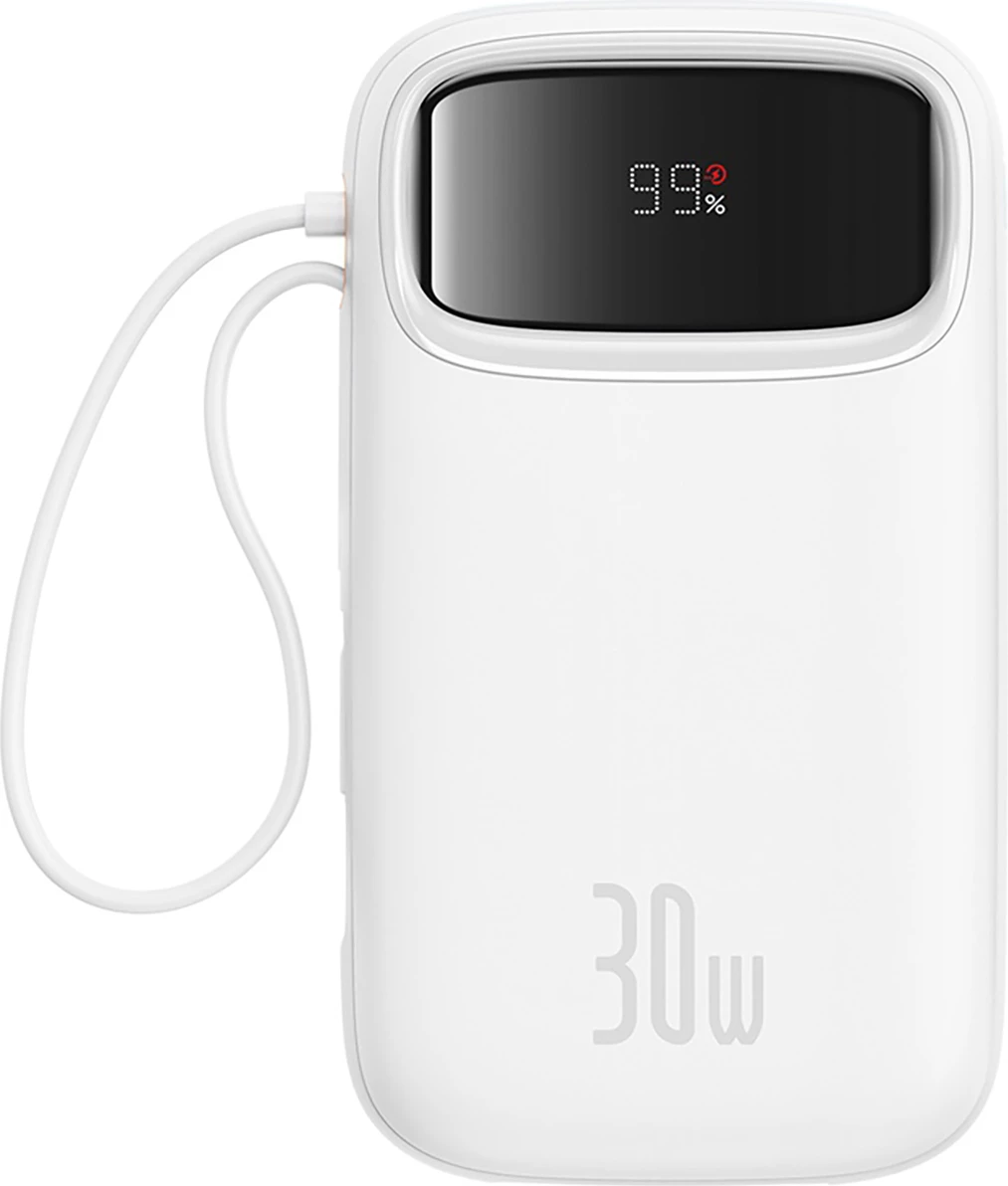 Power bank Baseus QPow 2, 20000mAh, 30W, me 2 kabllo USB-C të integruara, Bardhë