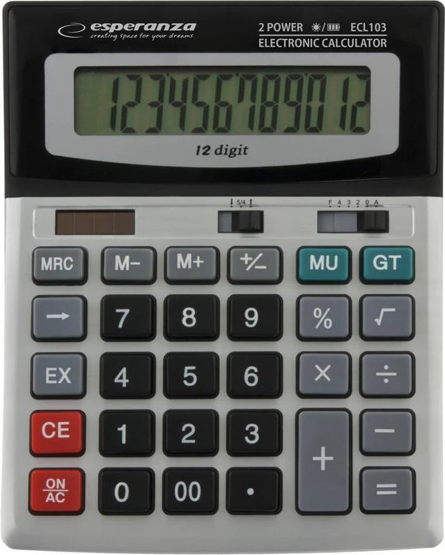 Kalkulator desktop Esperanza ECL103 EULER, 12-shifror, me bateri/solar, gri