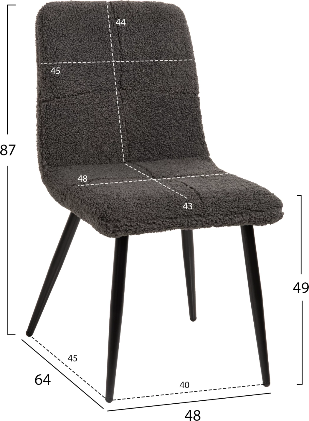 Karrige SHELLY FH8590.01, pëlhurë TEDDY, ngjyrë gri, këmbë metalike të zeza, 48x64x87H cm., set prej 2 copë